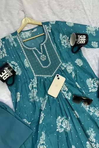 teal blue embroidered cotton anarkali kurta pant with malmal dupatta set