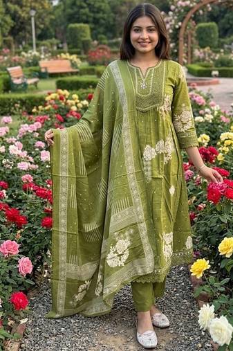olive green embroidered sequence yoke work malmal cotton flared anarkali salwar kameez suit set