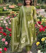 olive green embroidered sequence yoke work malmal cotton flared anarkali salwar kameez suit set