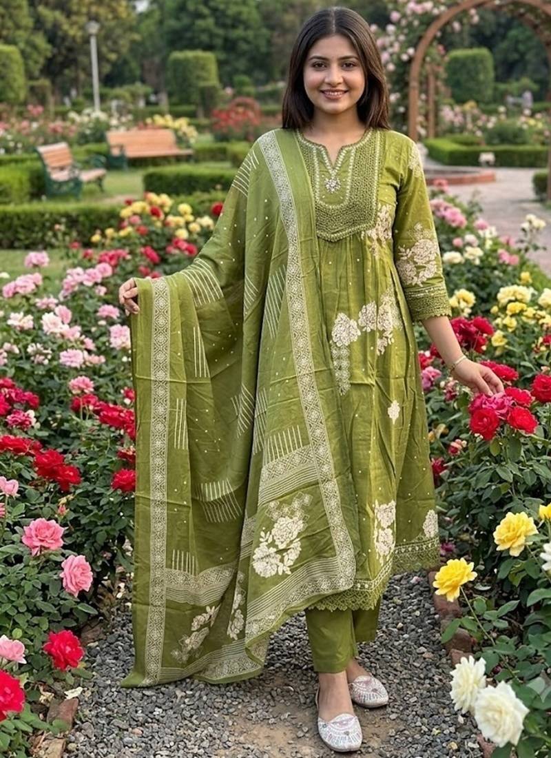 olive green embroidered sequence yoke work malmal cotton flared anarkali salwar kameez suit set