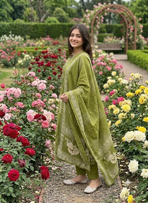 olive green embroidered sequence yoke work malmal cotton flared anarkali salwar kameez suit set 2