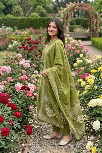 olive green embroidered sequence yoke work malmal cotton flared anarkali salwar kameez suit set
