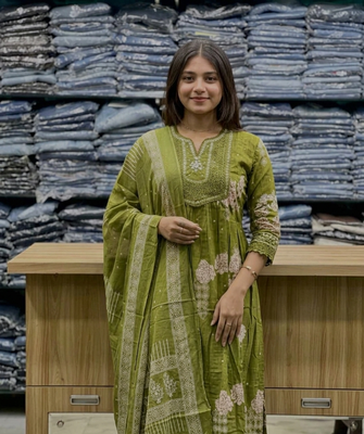 olive green embroidered sequence yoke work malmal cotton flared anarkali salwar kameez suit set 3
