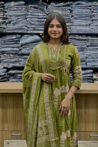olive green embroidered sequence yoke work malmal cotton flared anarkali salwar kameez suit set