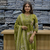 olive green embroidered sequence yoke work malmal cotton flared anarkali salwar kameez suit set