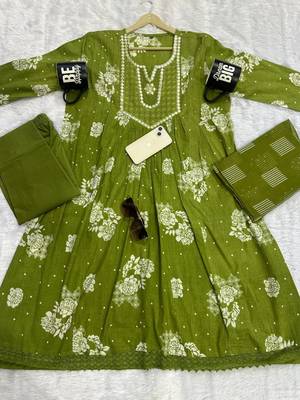 olive green embroidered sequence yoke work malmal cotton flared anarkali salwar kameez suit set 4