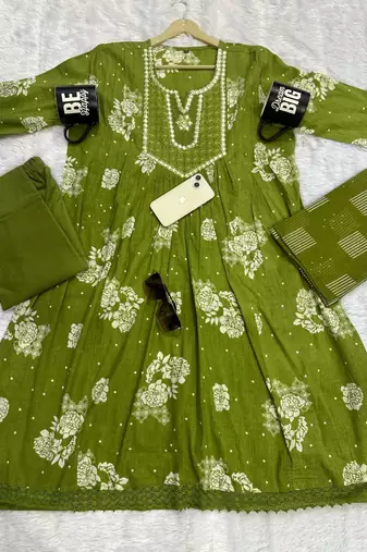 olive green embroidered sequence yoke work malmal cotton flared anarkali salwar kameez suit set