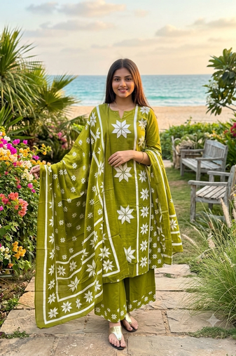 Beautiful jaipuri women olive green star kantha work cotton kurta pant and dupatta set