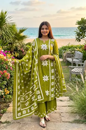 Beautiful jaipuri women olive green star kantha work cotton kurta pant and dupatta set