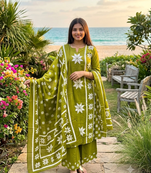 Beautiful jaipuri women olive green star kantha work cotton kurta pant and dupatta set