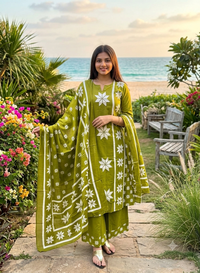 Beautiful jaipuri women olive green star kantha work cotton kurta pant and dupatta set