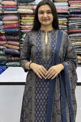navy blue floral printed cotton straight kurta set with trousers and dupatta
