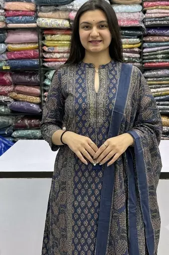 navy blue floral printed cotton straight kurta set with trousers and dupatta