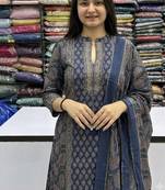 navy blue floral printed cotton straight kurta set with trousers and dupatta