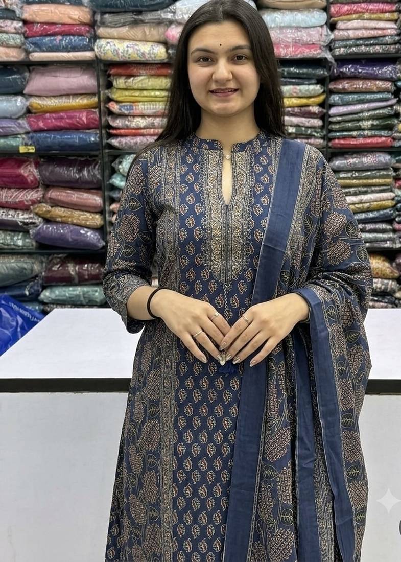 navy blue floral printed cotton straight kurta set with trousers and dupatta