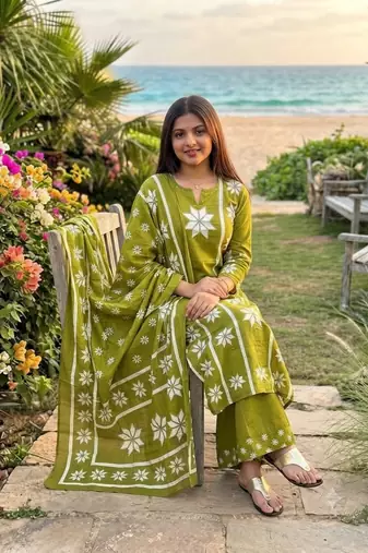 Beautiful jaipuri women olive green star kantha work cotton kurta pant and dupatta set