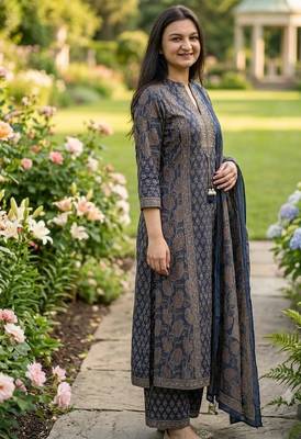 navy blue floral printed cotton straight kurta set with trousers and dupatta 3