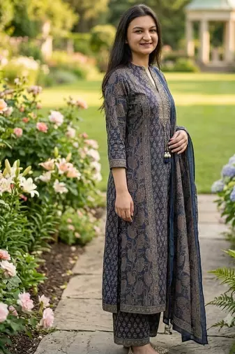 navy blue floral printed cotton straight kurta set with trousers and dupatta