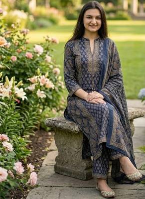 navy blue floral printed cotton straight kurta set with trousers and dupatta 4