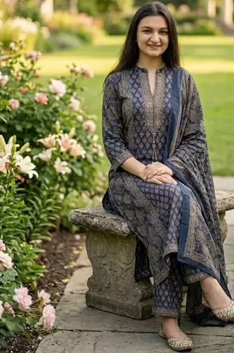 navy blue floral printed cotton straight kurta set with trousers and dupatta
