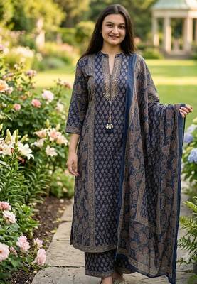 navy blue floral printed cotton straight kurta set with trousers and dupatta 5