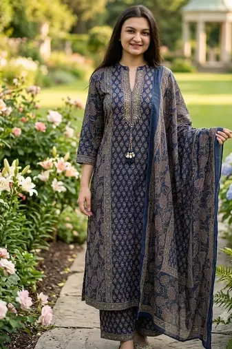 navy blue floral printed cotton straight kurta set with trousers and dupatta
