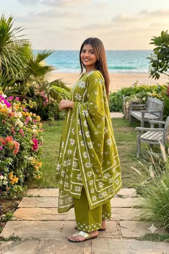 Beautiful jaipuri women olive green star kantha work cotton kurta pant and dupatta set