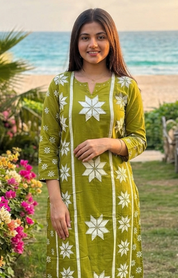 Beautiful jaipuri women olive green star kantha work cotton kurta pant and dupatta set 4