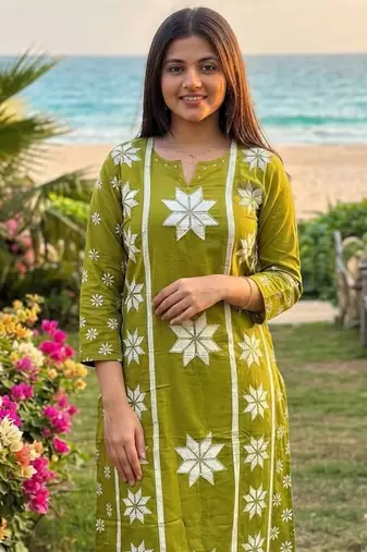 Beautiful jaipuri women olive green star kantha work cotton kurta pant and dupatta set