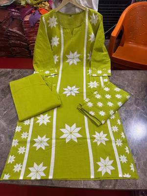 Beautiful jaipuri women olive green star kantha work cotton kurta pant and dupatta set 5