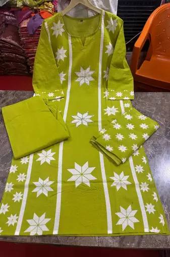 Beautiful jaipuri women olive green star kantha work cotton kurta pant and dupatta set