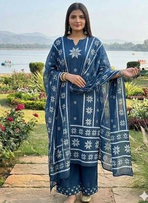 indigo blue thread-embroidered cotton straight kurta palazzo set with dupatta 1