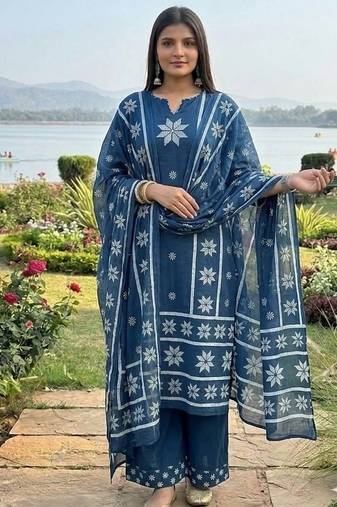 indigo blue thread-embroidered cotton straight kurta palazzo set with dupatta