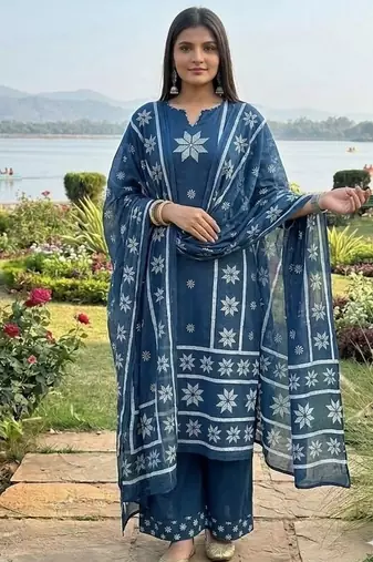 indigo blue thread-embroidered cotton straight kurta palazzo set with dupatta