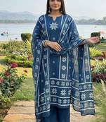 indigo blue thread-embroidered cotton straight kurta palazzo set with dupatta