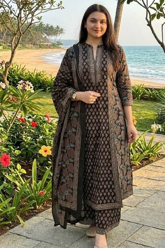 black ajrakh hand-block printed cotton straight-cut kurta palazzo suit set with dupatta