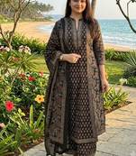 black ajrakh hand-block printed cotton straight-cut kurta palazzo suit set with dupatta