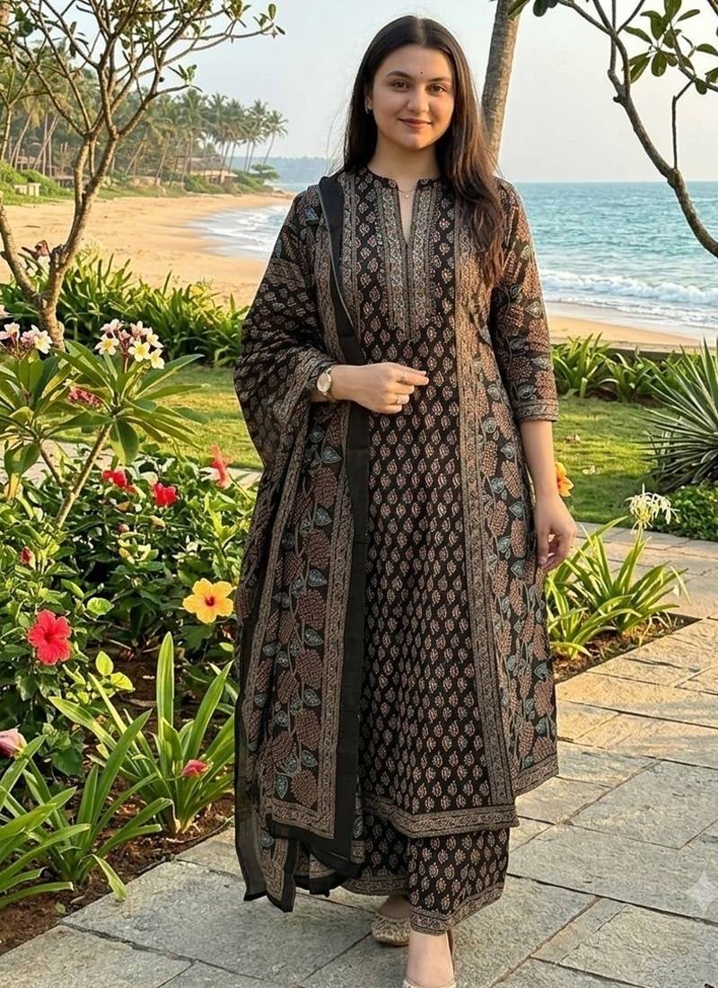 black ajrakh hand-block printed cotton straight-cut kurta palazzo suit set with dupatta