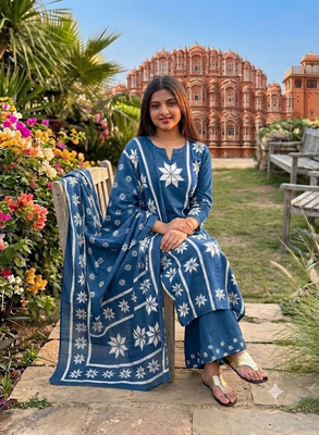 indigo blue thread-embroidered cotton straight kurta palazzo set with dupatta 2