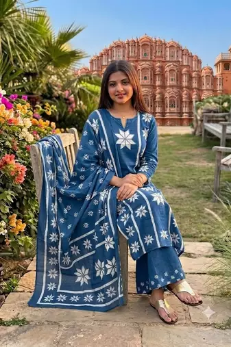 indigo blue thread-embroidered cotton straight kurta palazzo set with dupatta