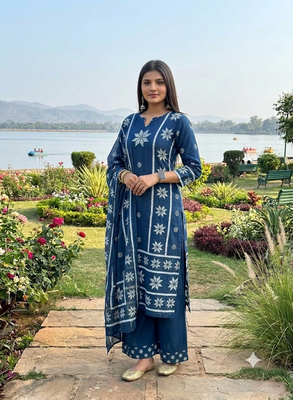indigo blue thread-embroidered cotton straight kurta palazzo set with dupatta 3