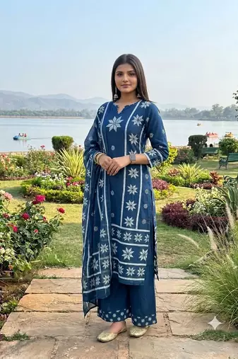 indigo blue thread-embroidered cotton straight kurta palazzo set with dupatta