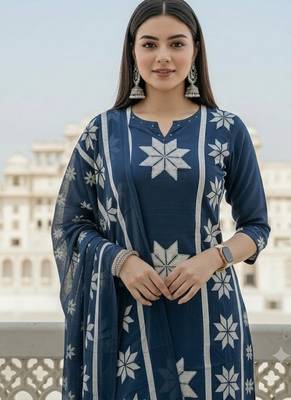 indigo blue thread-embroidered cotton straight kurta palazzo set with dupatta 4