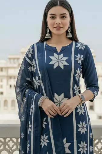 indigo blue thread-embroidered cotton straight kurta palazzo set with dupatta