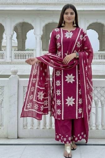 pink white floral block printed cotton straight kurta palazzo set with dupatta