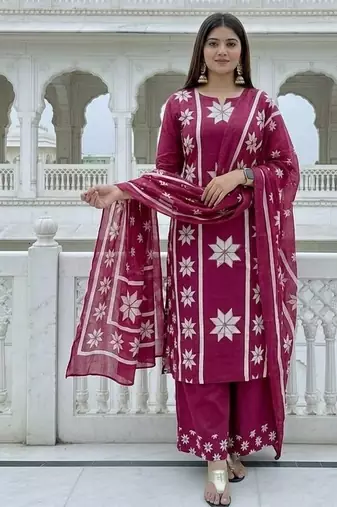 pink white floral block printed cotton straight kurta palazzo set with dupatta