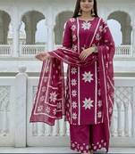 pink white floral block printed cotton straight kurta palazzo set with dupatta