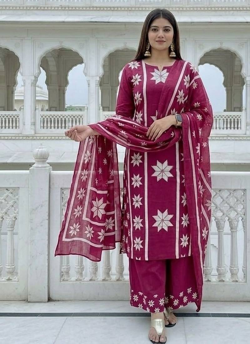 pink white floral block printed cotton straight kurta palazzo set with dupatta