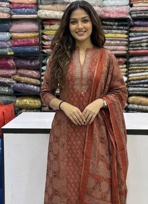rust red ajrakh printed cotton straight kurta set with dupatta 5