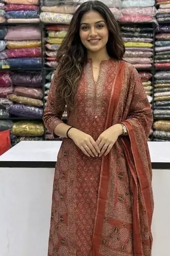 rust red ajrakh printed cotton straight kurta set with dupatta